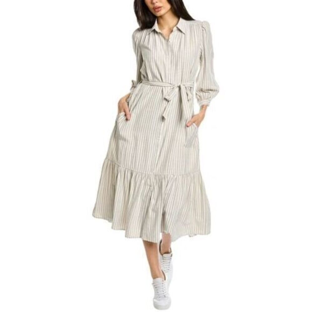 Max Studio Dress Women's Size Small White Beige Stripe Tiered Midi Shirtdress